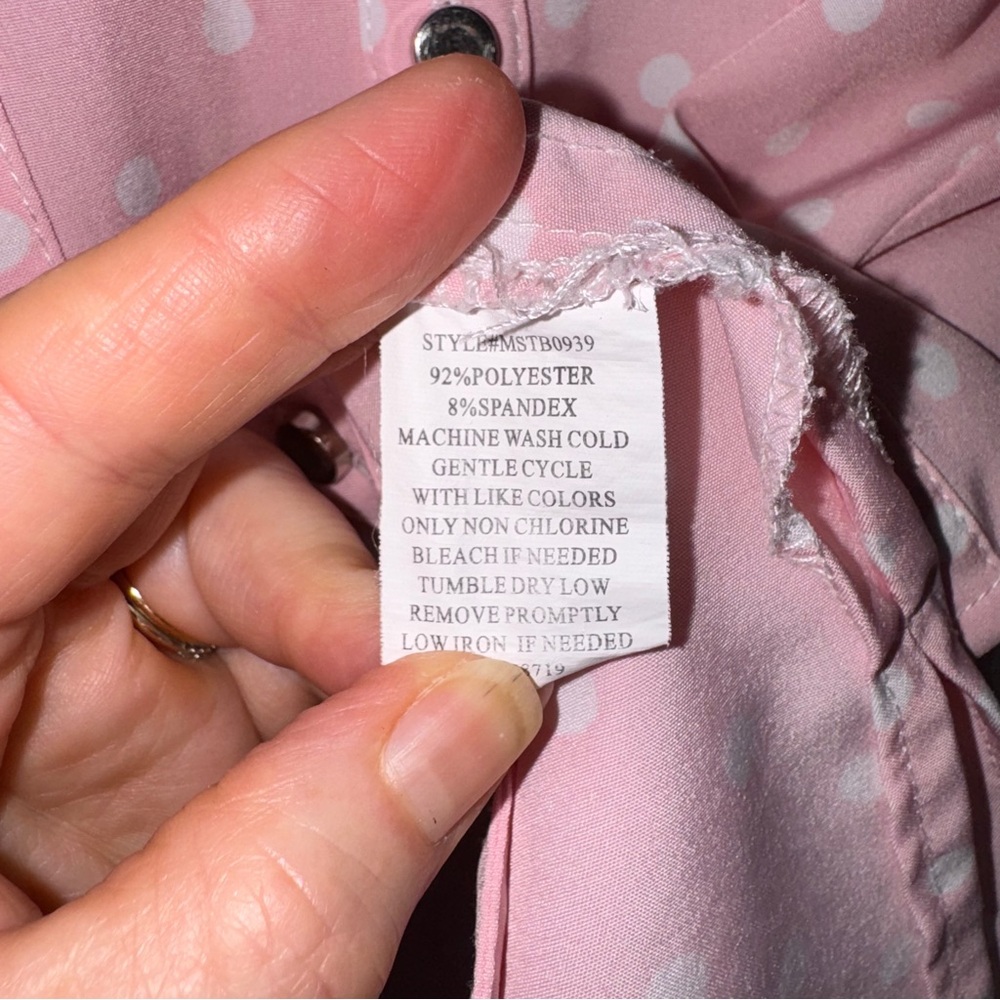 Pink Polka Dot Button-Front Utility Blouse with Silver Buttons and Chest Pockets - Picture 6 of 10